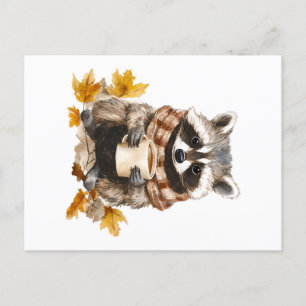 Carte Postale Feuilles d'automne confortable raccoon avec tasse 