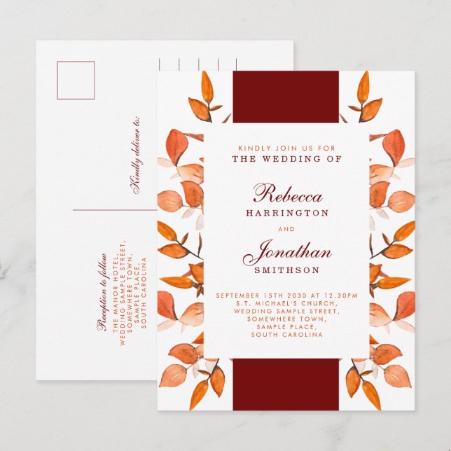 Carte Postale Feuilles d'automne Faire-part de mariage orange br (Devant / Derrière)