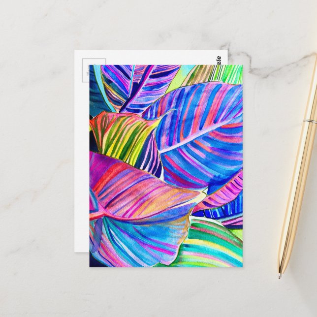 Carte Postale Feuilles de canna tropicale aquarelle (Devant/Arrière en situation)