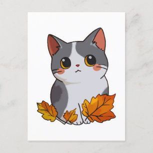 Carte Postale Feuilles de chute de chat mignonne Anime