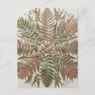 Carte Postale Feuilles de fougère botanique vert cuivre pressées