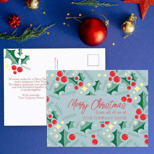 Carte Postale Feuilles de houx Baies rouges Étoiles Entreprise N (Créateur téléchargé)