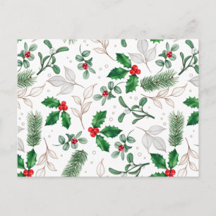 Carte Postale Feuilles de Noël et baies à l'aquarelle blanches
