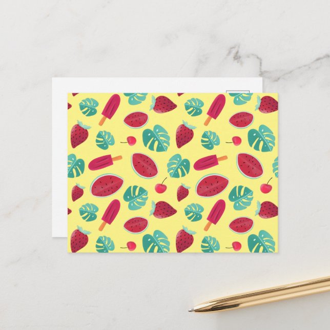 Carte Postale Feuilles de pavot, cerise, fraise et pastèque (Devant/Arrière en situation)