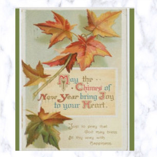 Carte Postale Feuilles et Bénédictions du Nouvel An vintage