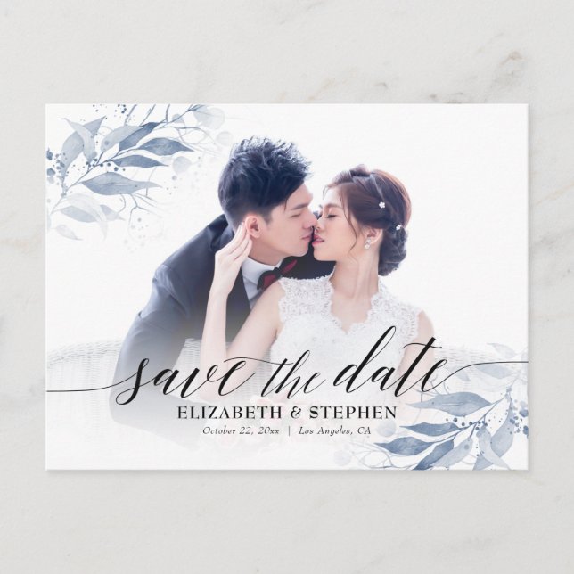 Carte Postale Feuilles Mariages d'aquarelle bleu Enregistrer la  (Devant)