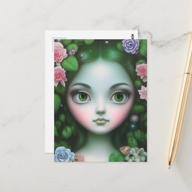 Carte Postale Feuilles verts et fleurs Fille de la forêt (Devant/Arrière en situation)