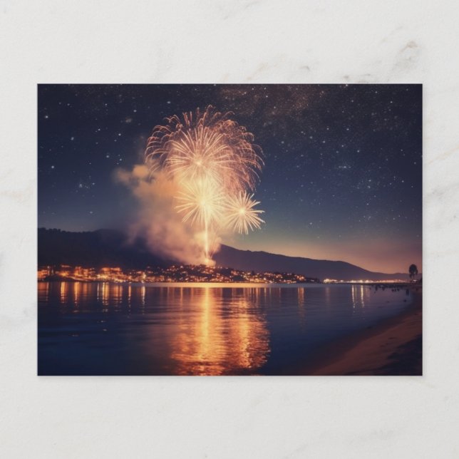 Carte Postale Feux d'artifice explosant au-dessus de la plage (Devant)