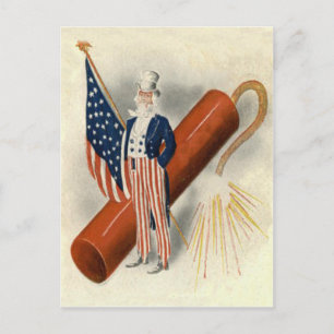 Carte Postale Feux d'artifice Pétard Oncle Sam Drapeau américain