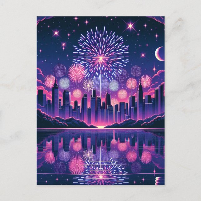 Carte Postale Feux d'artifice sur la ligne d'horizon de la ville (Devant)