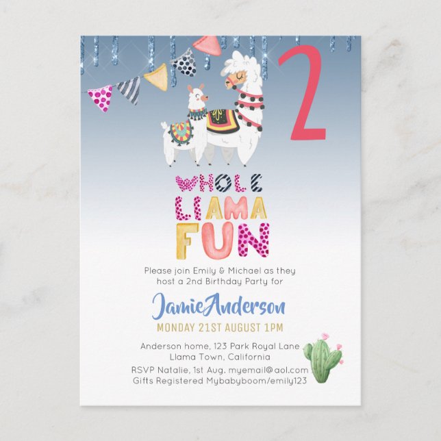 Carte Postale Fiesta Lama Mama 2e anniversaire garçon fille aqua (Devant)