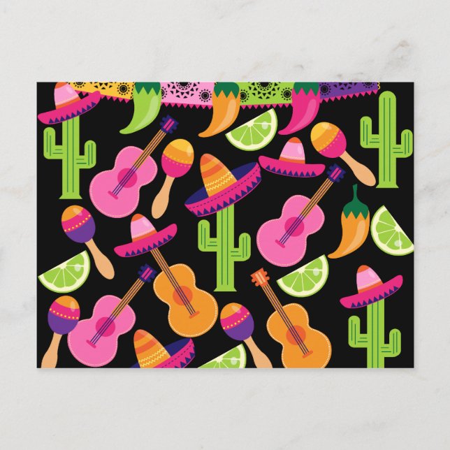 Carte Postale Fiesta Party Sombrero Cactus Lims Peppers Maracas (Devant)