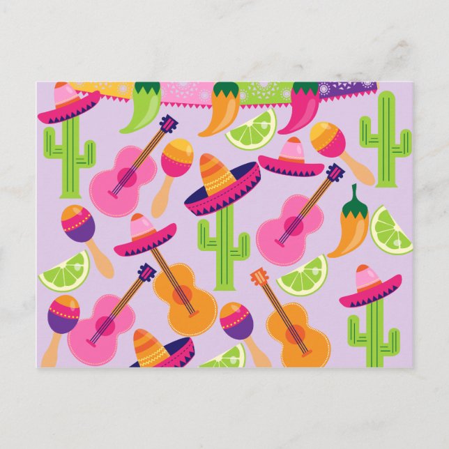 Carte Postale Fiesta Party Sombrero Cactus Lims Peppers Maracas (Devant)