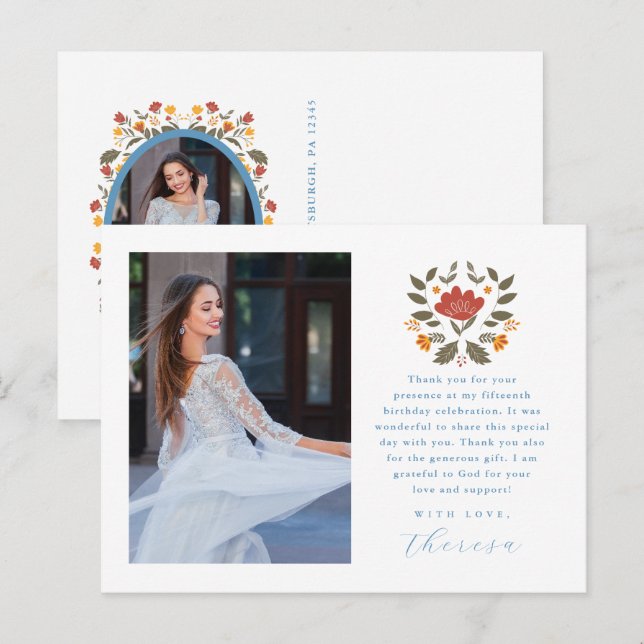 Carte Postale Fiesta Two Photo Blue Quinceanera Merci floral (Devant / Derrière)