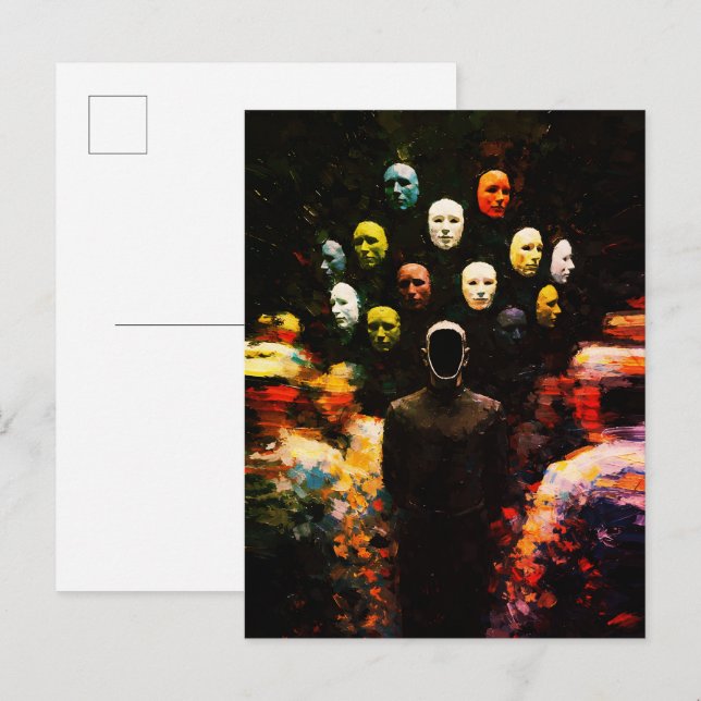 Carte Postale Figure sans visage entourée de visages masqués Imp (Devant / Derrière)
