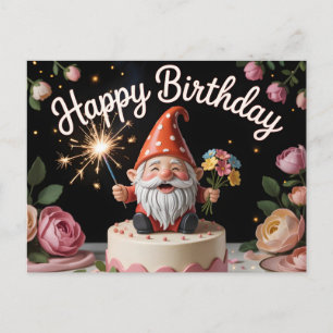 Carte Postale Figurine de gnome d'anniversaire sur un gâteau