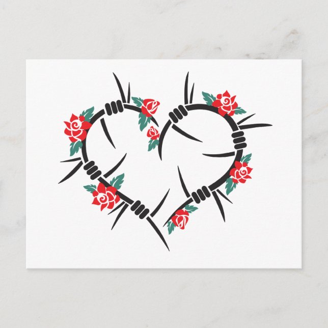 Carte Postale fil barbelé coeur & roses (Devant)