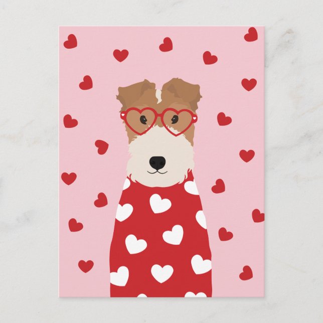 Carte Postale Fil Fox Terrier Lunettes de coeur de chien rose ro (Devant)