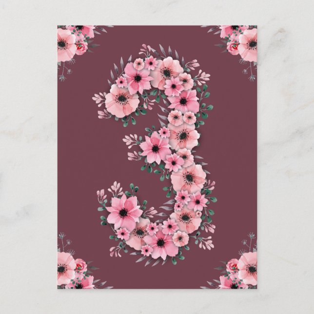 Carte Postale Fille 3ème anniversaire grandes fleurs roses feuil (Devant)