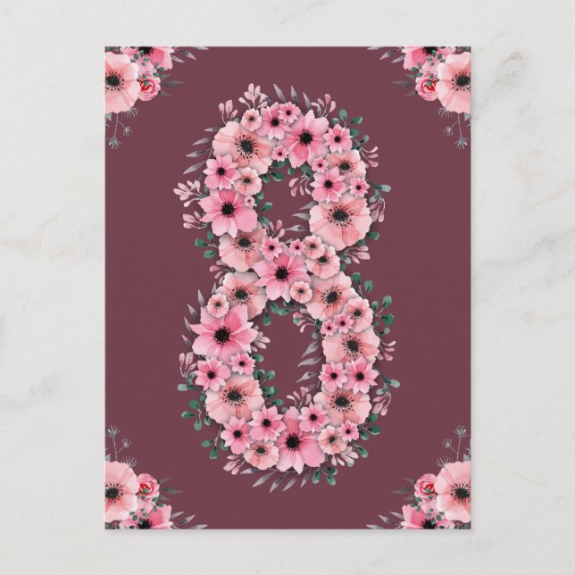 Carte Postale Fille 8ème anniversaire grand Fleurs roses Feuilla (Devant)