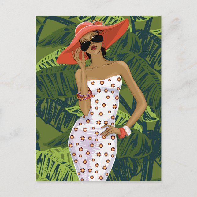 Carte Postale Fille à la mode tropicale en grand Casquette rouge (Devant)