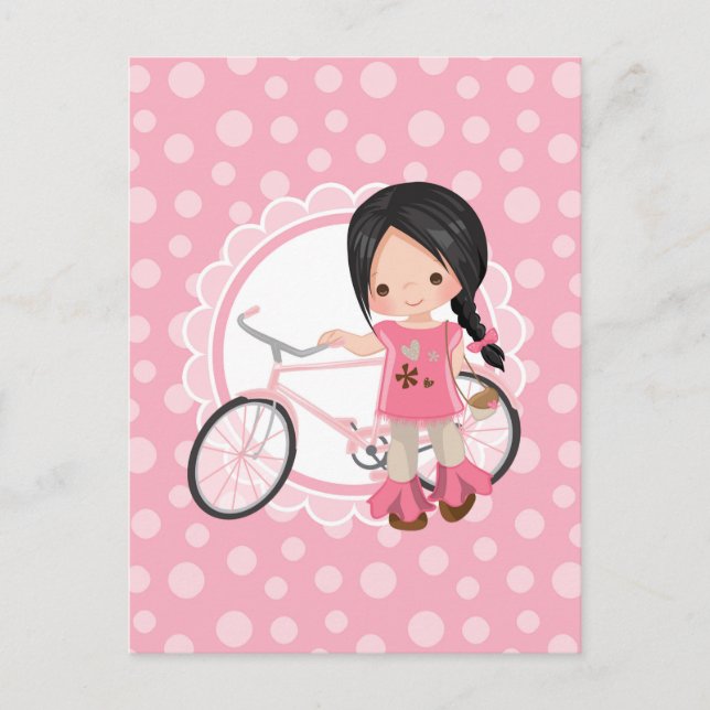 Carte Postale Fille à vélo aux cheveux noirs - Rose blanc (Devant)