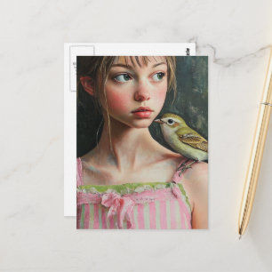 Carte Postale Fille adorable avec un oiseau mignon sur son épaul