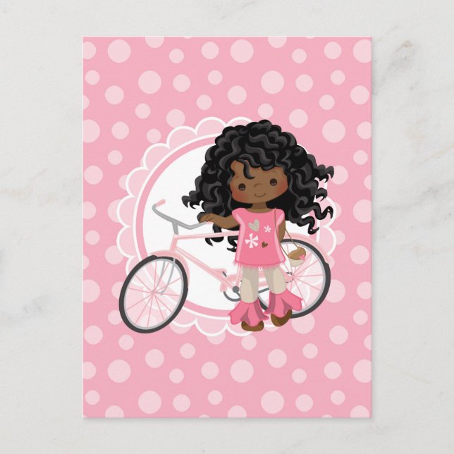 Carte Postale Fille afro-américaine à vélo - Rose Blanc (Devant)