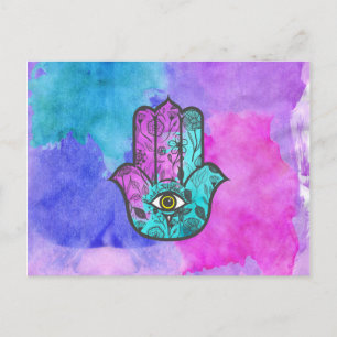 Carte Postale Fille aquarelle Floral Imprimer Hamsa Main de Fati