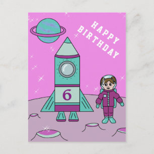 Carte Postale Fille astronaute sur la Lune Espace Joyeux Annive