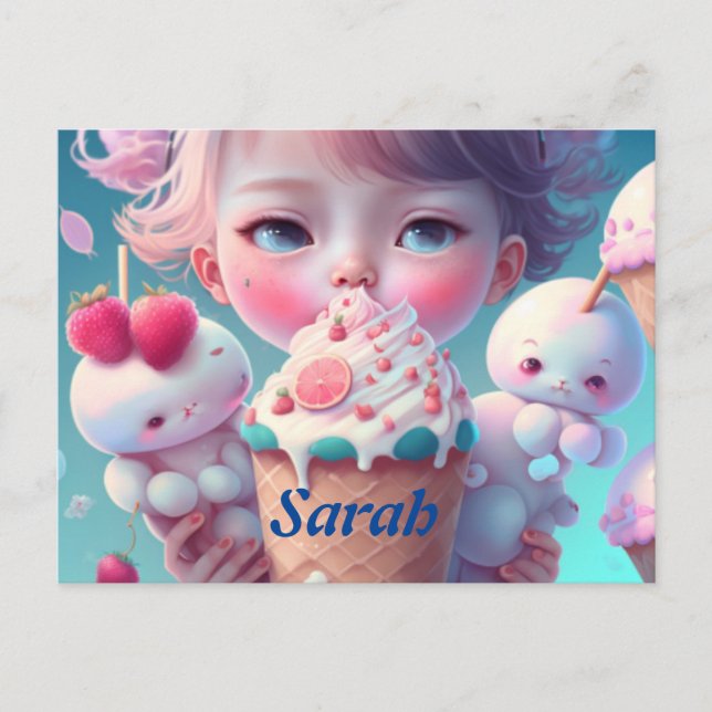 Carte Postale Fille au glace Kawaii (Devant)
