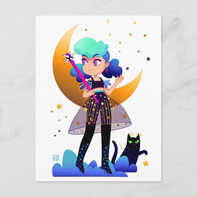 Carte Postale Fille aux cheveux bleus avec chat noir (Devant)