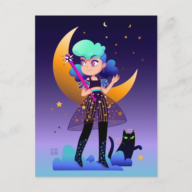 Carte Postale Fille aux cheveux bleus et chat noir (Devant)