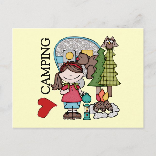 Carte Postale Fille aux Cheveux Bruns J'aime le Camping (Devant)