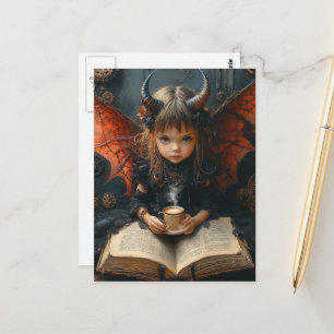Carte Postale Fille aux cornes et aux ailes lisant avec du café