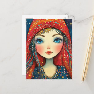 Carte Postale Fille aux yeux bleus vêtue de rouge et de bleu