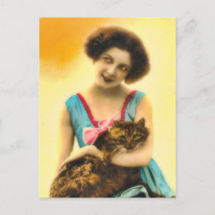 Carte postale Fille avec chat animal