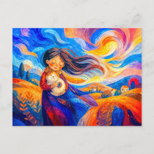 Carte Postale Fille avec chat dans des couleurs fluides et vente