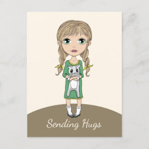 Carte Postale Fille avec chat envoyant des câlins