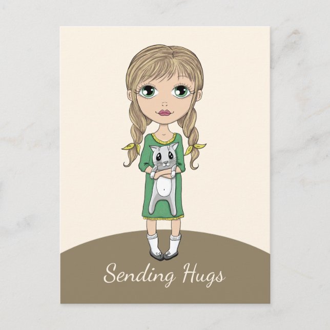 Carte Postale Fille avec chat envoyant des câlins (Devant)