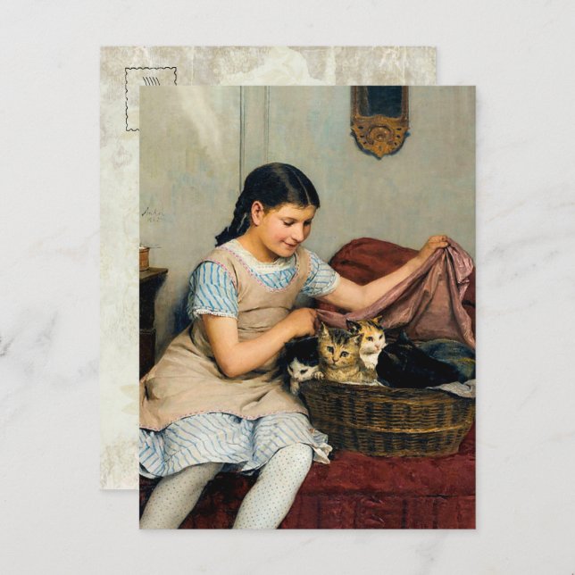 Carte Postale Fille avec chatons dans le panier par Albert Anker (Devant / Derrière)