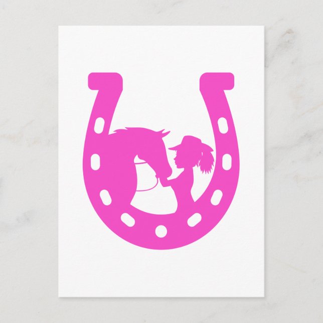 Carte Postale Fille avec cheval et Casquette occidental Hot rose (Devant)