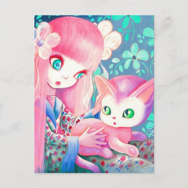 Carte Postale Fille avec cheveux roses en Kimono avec chat Kawai (Devant)