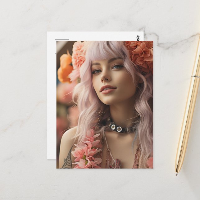 Carte Postale Fille avec cheveux roses et fleurs (Devant/Arrière en situation)