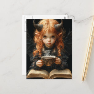 Carte Postale Fille avec cornes et ailes lit avec café