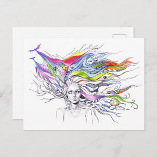 Carte Postale Fille avec des rêves dans ses cheveux Surreal imag
