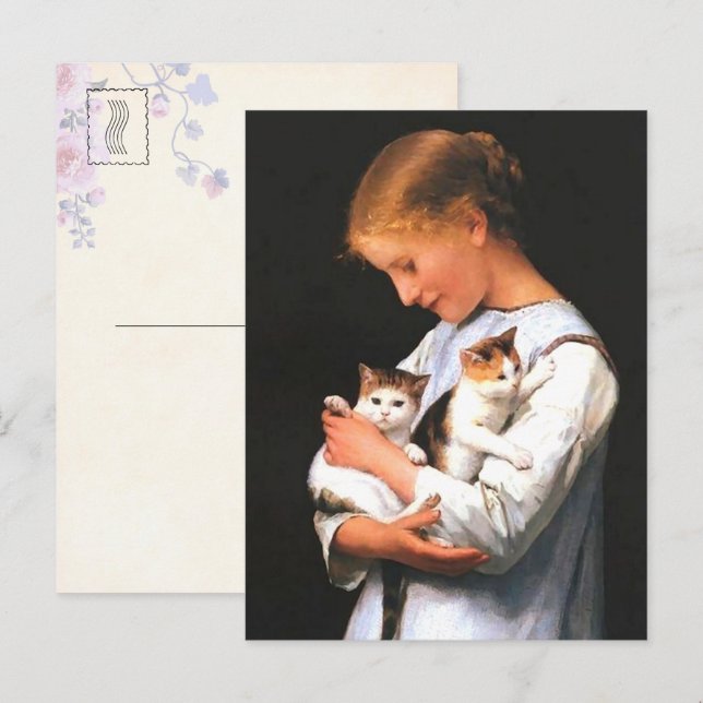 Carte Postale Fille avec deux chatons (1888) par Albert Anker (Devant / Derrière)