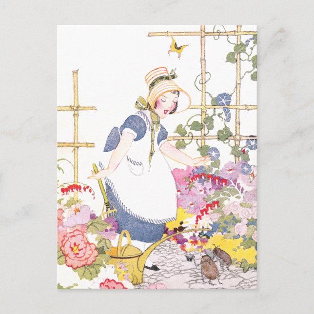 Carte Postale Fille avec gâteau et arrosage dans le jardin de fl (Devant)