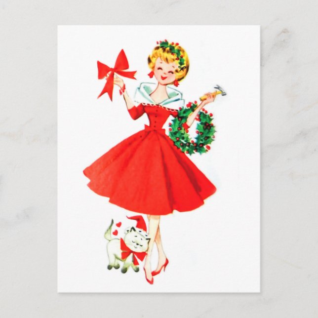 Carte Postale Fille avec la couronne de Noël et son petit chat (Devant)