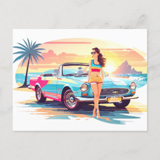 Carte Postale Fille avec la voiture et la nature de rêve